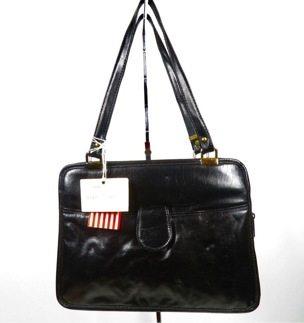 Vintage Regal Black Leather Organizer Shoulder Bag Gold Hardware NWT Rare